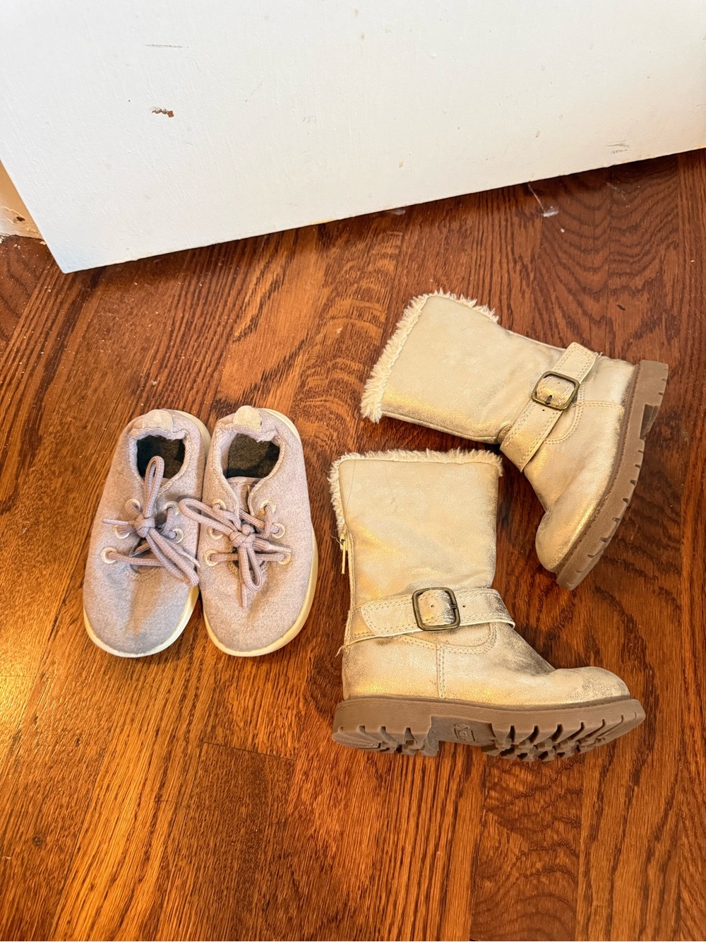 Bundle of toddler shoes: carters gold winter fashion boots and allbirds sneakers